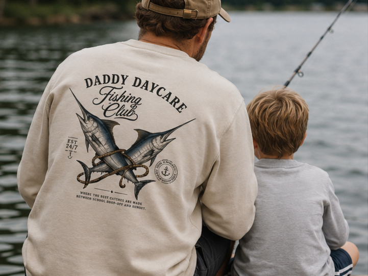 Daddy Daycare Fishing Ecru Stencil Crew