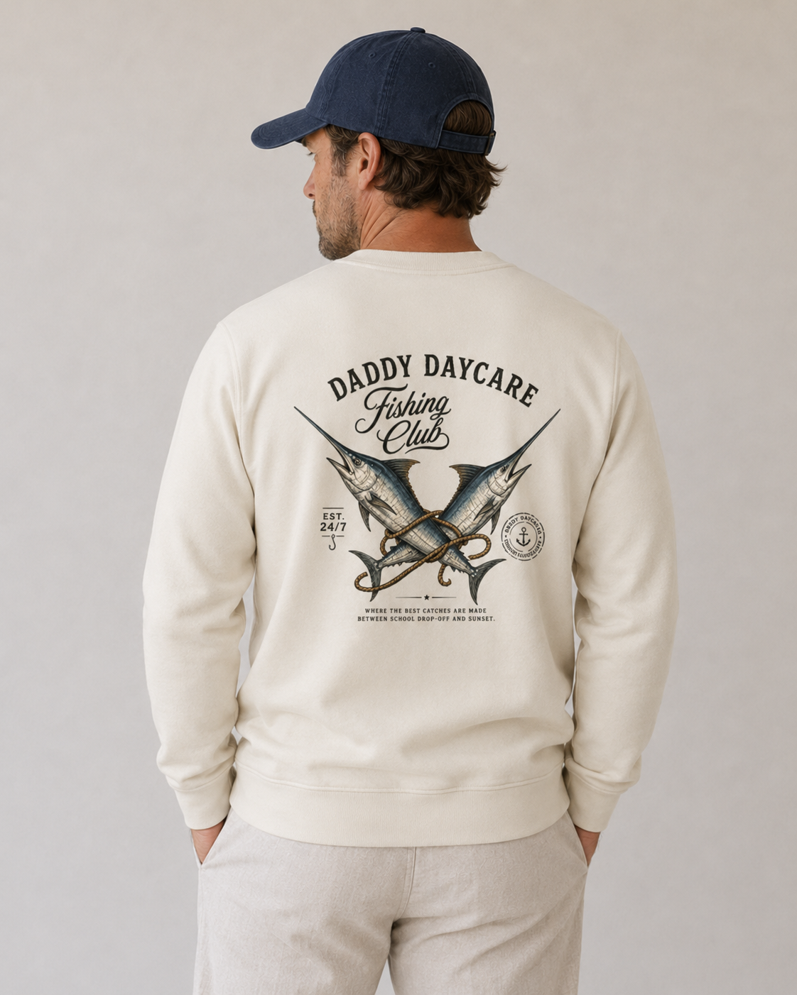 Daddy Daycare Fishing Ecru Stencil Crew